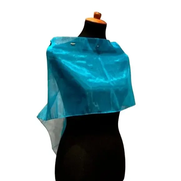 Handmade Upcycled Shiny Beaded Aqua Blue Lightweight Formal Sheer Poncho - Picture 6 of 8